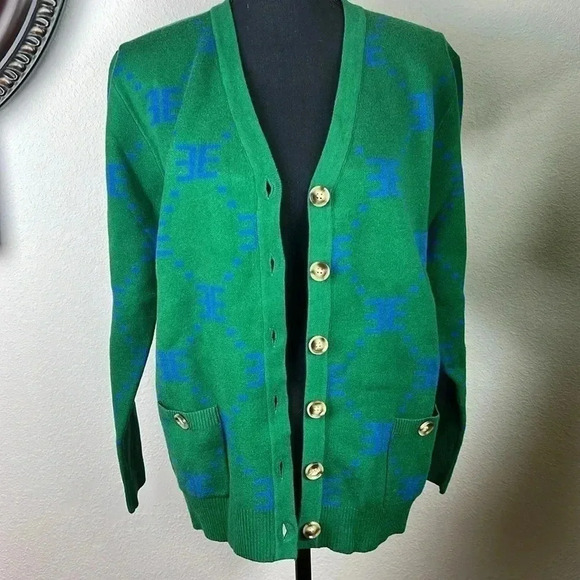 Ell and Emm Women’s Green Royal Blue EE V-Neck Cardigan Sweater Jumper Size M/L - Picture 11 of 14